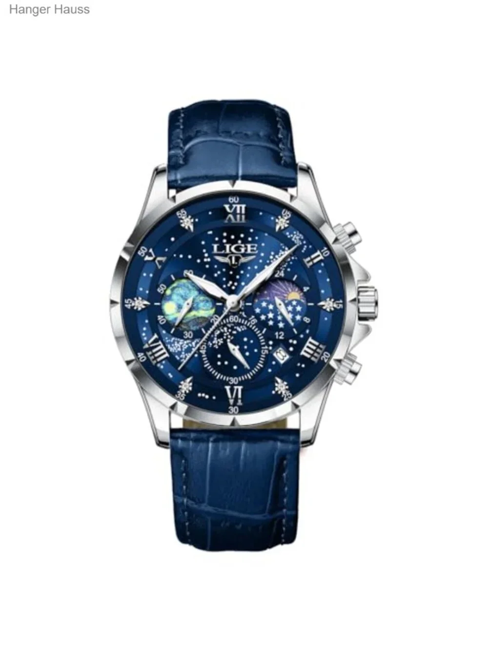 Men's Waterproof Chronograph Quartz Wrist Watch with Genuine Leather Strap Date